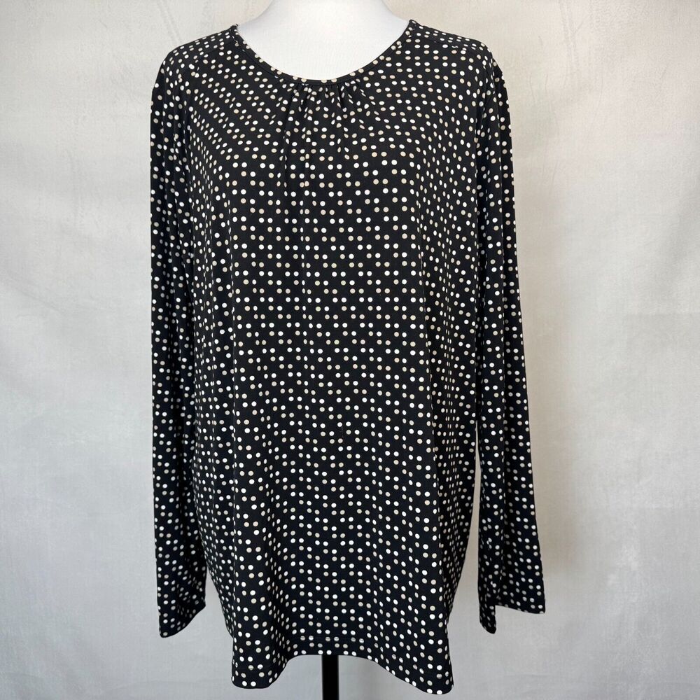 Liz Claiborne Top Sz 2X Black Beige White Polka Dot Long Sleeve Round Neckline